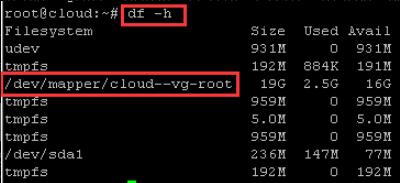 /dev/mapper/cloud--vg  -root名称通过df -h命令查看