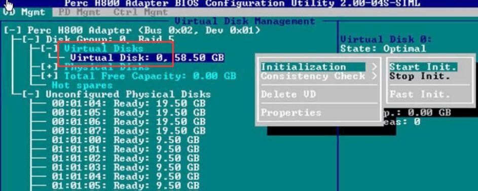 在VD Mgmt主界面，将光标移至下图“Virtual Disk 0”处，按F2，可以对之前配置成功的虚拟磁盘进行初始化（Initialization）、一致性校验（Consistency Check）、删除、查看属性等操作