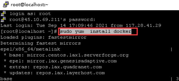输入“sudo yum install docker”安装Docker