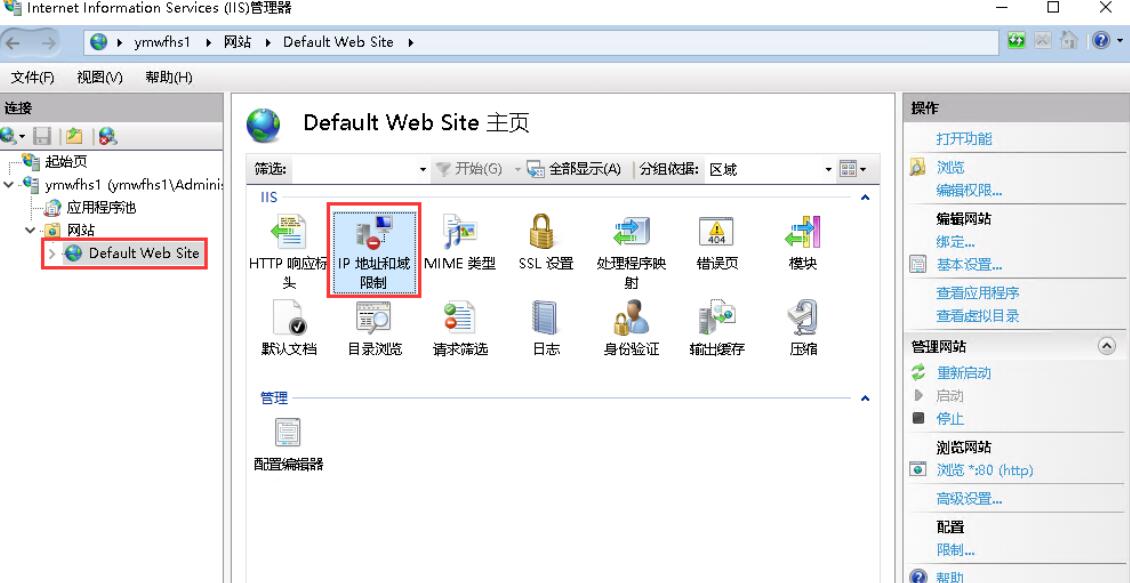 打开IIS管理器，在左侧边栏逐级选择想要配置的网站，然后双击“IP地址和域限制”
