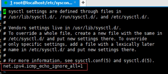 在文件末尾加上一行：  net.ipv4.icmp_echo_ignore_all=1
