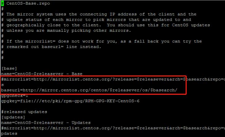 注释掉所有的 mirrorlist，取消所有的 baseurl 注释