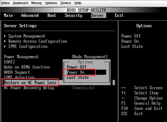 找到Restore on AC Power Loss，按回车把选项改为Power on