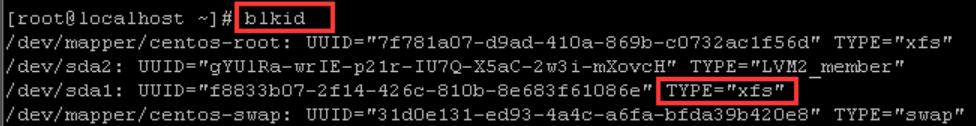 输入blkid，按回车键,可查看对应“TYPE”的文件类型