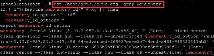 输入cat /boot/grub2/grub.cfg |grep menuentry按回车键可查看系统可用内核