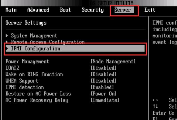在BIOS选项中选择Server，然后选择IPMI Cconfiguratio