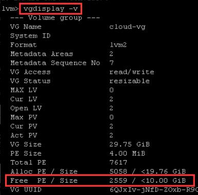 输入vgdisplay -v查看Free PE的值