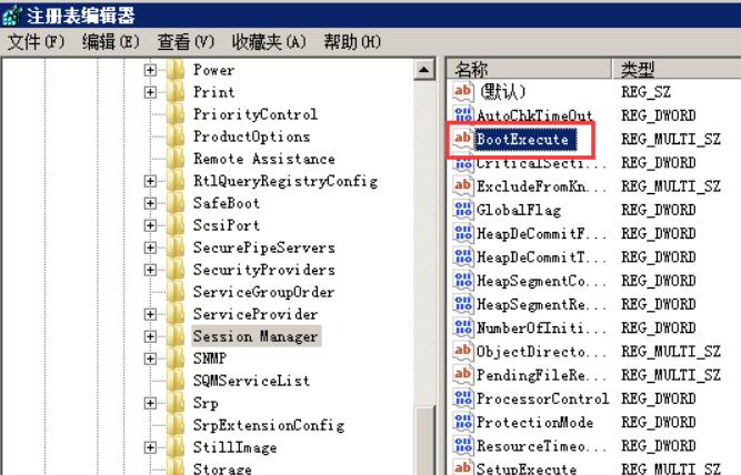 找到该路径中的BootExecute  [HKEY_LOCAL_MACHINE\SYSTEM\CurrentControlSet\Control\Session Manager]