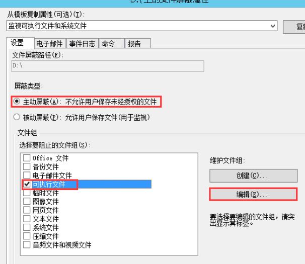 屏蔽类型选择“主动屏蔽”，文件组下方勾选“可执行文件”，点击“编辑”