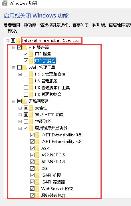 “Windows功能”对话框里选中“Internet Information Services”