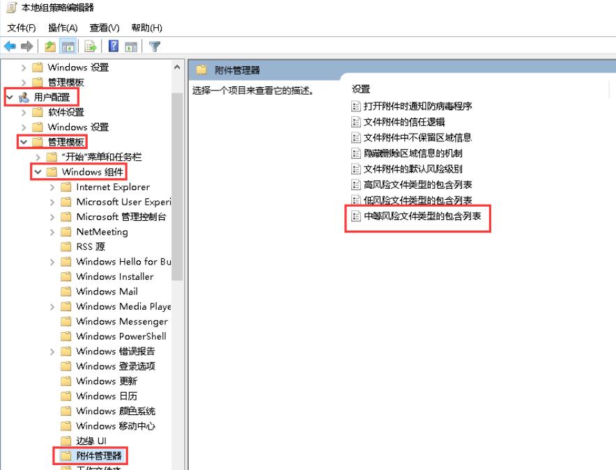 找到并双击“中等风险文件类型的包含列表”