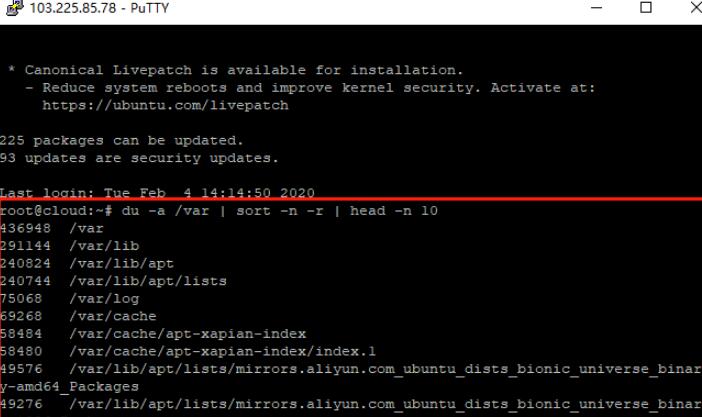 终端并输入du -a /var | sort -n -r | head -n 10命令
