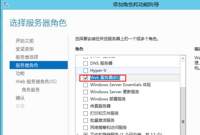 选择服务器角色，选择“Web服务器（IIS）”，在弹出的界面选择“添加功能”