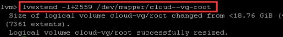 输入lvextend -l 2559 /dev/mapper/cloud--vg-root按回车键扩展已有卷的容量