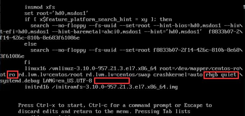 将ro修改为rw；将rhgb quiet删除；在该字段末尾添加init=/bin/bash
