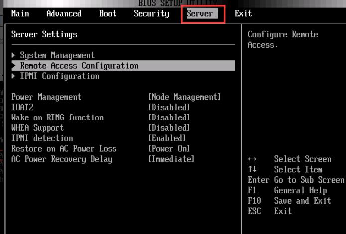 在BIOS菜单中找到Server选项