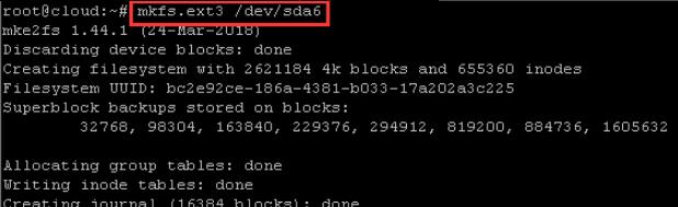 输入mkfs.ext3 /dev/sda6按回车键格式化分区