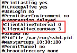 在文件中找到ClientAliveInterval和ClientAliveCountMax两项，去掉前面的注释#，并将后面的数值改成自己需要