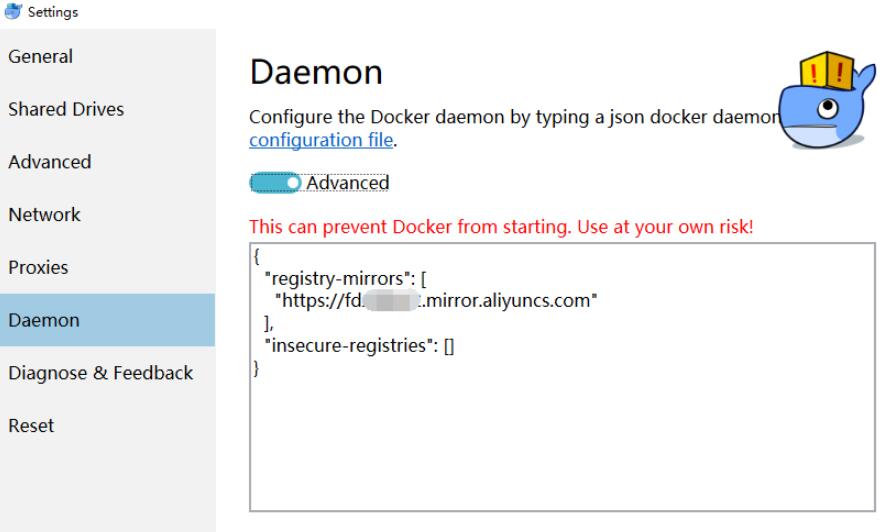 点击 Apply 保存后 Docker 就会重启并应用配置的镜像地址