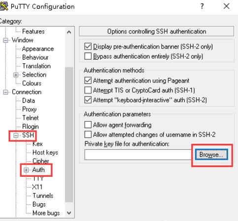 在“Connection”下“SSH”展开，点击“Auth”，然后点击“Browse..”